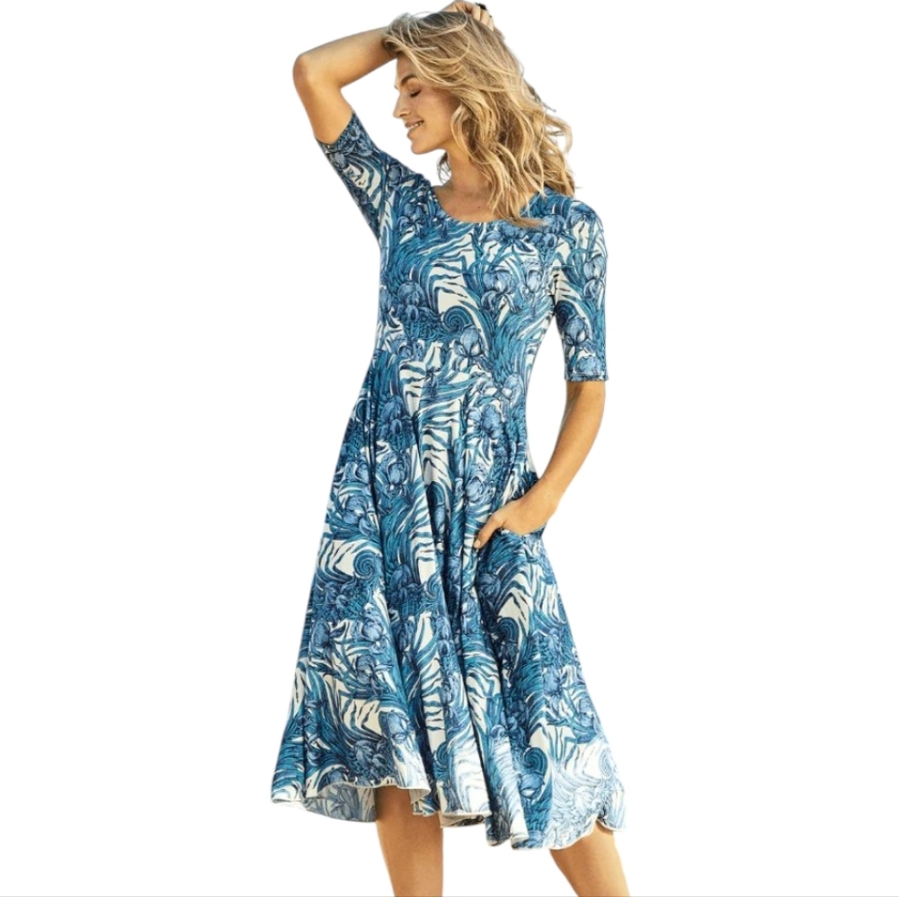 Peruvian Connection Blue & White Swirl Midi Dress